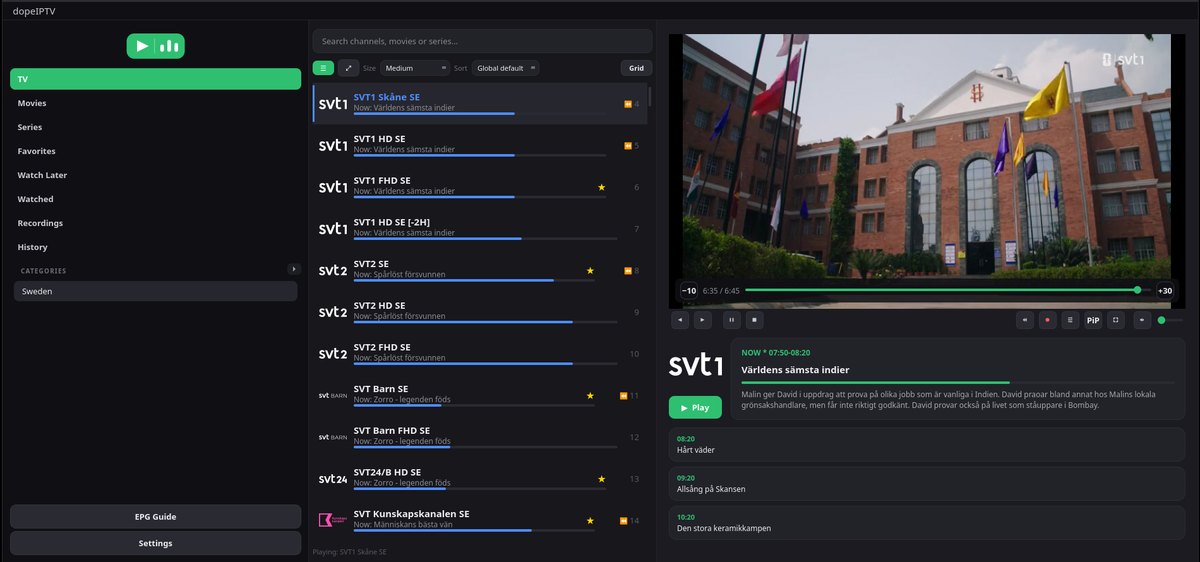 dopeIPTV med kanallista, spelare och tv-guide